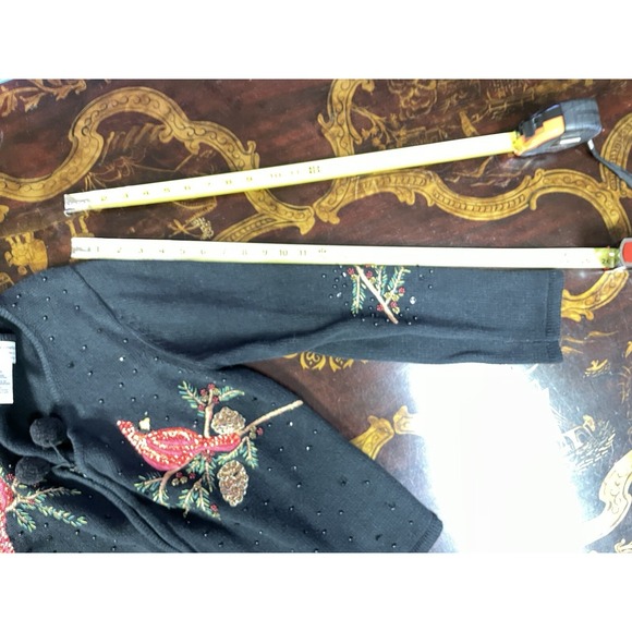 VTG Tiara International Christmas Gay Cardinal Zip Cardigan Black Red Sequin XL - Picture 9 of 12